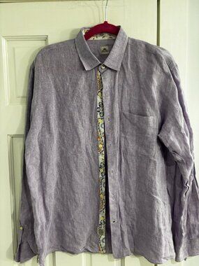 Peter Millar 100% Linen Button Down Purple Paisley Trim Casual Luxury - Large